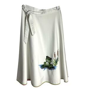 Vintage 70s Shirley Gadol Wrap Skirt Womens S White Embroidered Frog Lily Pad